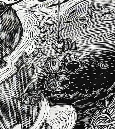 In another detail of the same artwork, a group of terrified fish are about to be caught in an enormous trawl net, into which all life is disappearing.