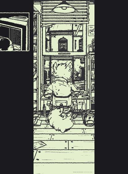 High contrast image where a fox is sitting at a desk in a room. Window shows outside of the room to reveal terrace houses on the other side.

The room is a slight mess, books toppled, cables routed oddly and shelving falling apart.

Top left, a segment shows the fox nose near a computer screen that has text on it and other visuals.