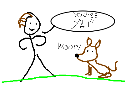 A Paint drawing of a stick man smiling in a confident pose saying “you're > AI”.
There is a brown half-stick dog sitting and “saying” “woof!” as a sign of confirmation.