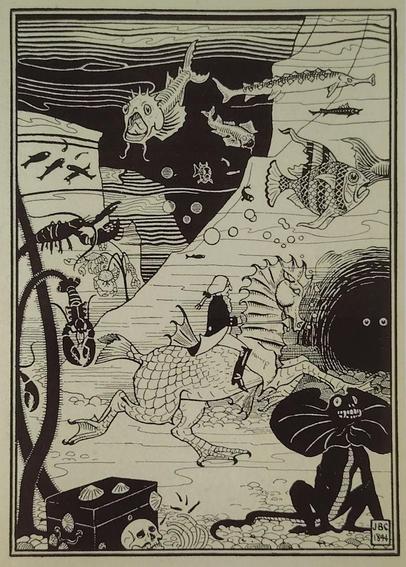 Black-and-white illustration of Baron Munchausen underwater, riding a horse with fins and webbed feet across a seabed with a scull, limpet-covered chest, and sitting animal with wide ruff. Behind him, crustaceans with menacing pincers. Above, various fish swim by. Illustration by J.B. Clark from Rudolf Erich Raspe, ‘The Surprising Adventures of Baron Munchausen (1895).