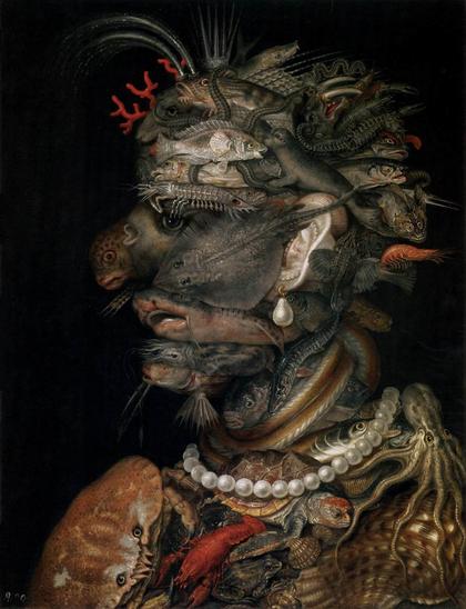 Oil painting of a man’s head, with a pearl necklace & earring, the rest made up of sea creatures. Giuseppe Arcimboldo, ‘Water’, 1566.