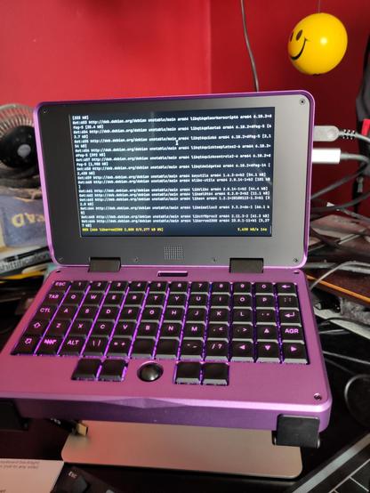 An absolutely gorgeous purple mnt pocket reform that is running updates in a full screen terminal. In the background there is a right mess of papers and such but that is not the focus of the photo. There is however a smiling smiley stressball hanging from a cord in the background for a bit of whimsy.