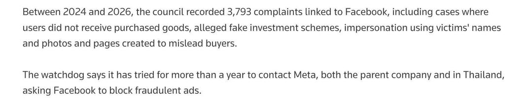 text saying: "Between 2024 and 2026, the ​council recorded 3,793 complaints linked to Facebook, including cases where ​users did not receive purchased goods, alleged fake investment schemes, impersonation using ‌victims' ⁠names and photos and pages created to mislead buyers.
The watchdog says it has tried for more than a year to contact Meta, both the parent company and in Thailand, asking ​Facebook to block ​fraudulent ads."