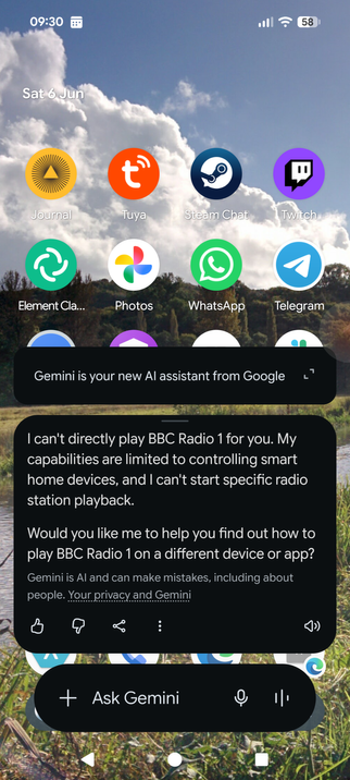 A screenshot of the android home page with the ai assistant telling me it can't play BBC radio 1, a function the non Gemini assistant could do without problem!