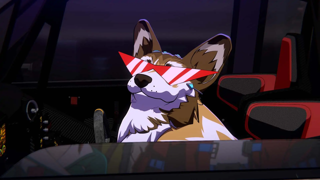 Fermi, a corgi wearing excessively cool looking red tinted shades sits in a heavily tuned car. 

Fermi appears to look at you in the way only the coolest can, being cool.