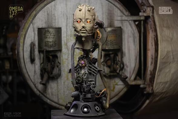 A sculpture of a biomech human bust. Front View