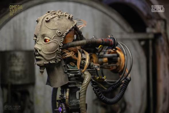 A sculpture of a biomech human bust. Side View