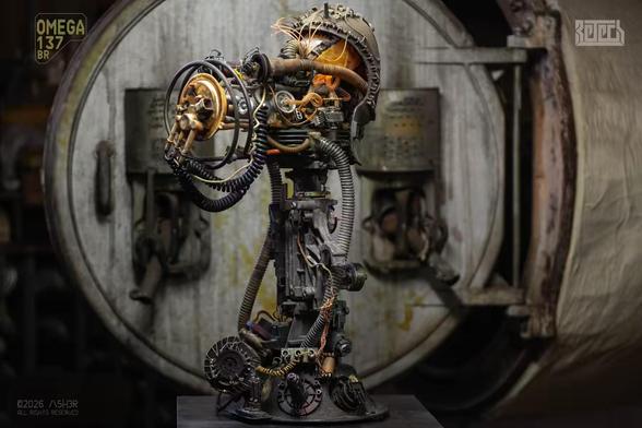 A sculpture of a biomech human bust. Rear View