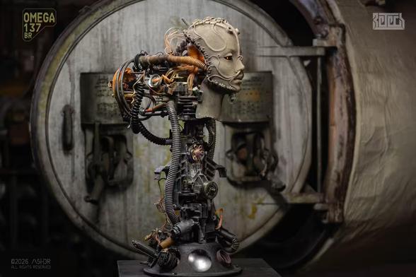 A sculpture of a biomech human bust. side View