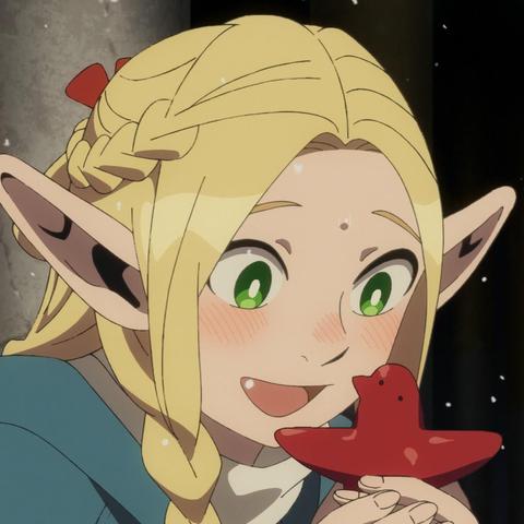 Marcille, delighted, holding a sort of bird shaped familiar.