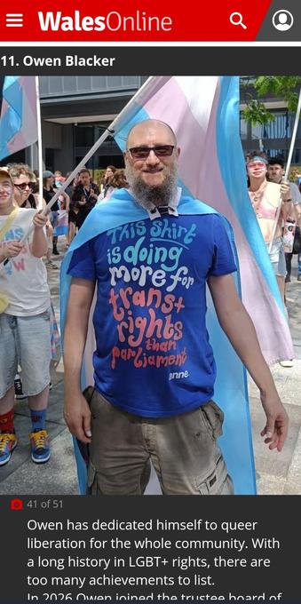 A screenshot of me, at 11th place. The truncated text starts "Owen has dedicated himself to queer liberation for the whole community. With a long history in LGBT+ rights, there are too many achievements to list."

The accompanying photograph is a larger crop of my profile photo here, showing me at a trans rights demo, surrounded by trans flags and wearing one as a cape. My t-shirt reads "this t-shirt is doing more for trans rights than the government"