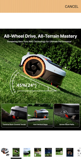 Ad image for a robot lawn mower on a slope stating "45%"