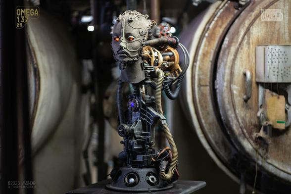 A sculpture of a biomech human bust. Front View