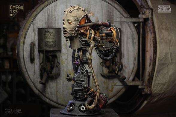 A sculpture of a biomech human bust. Full Body Side View