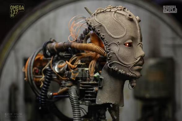 A sculpture of a biomech human bust. Close-up side View