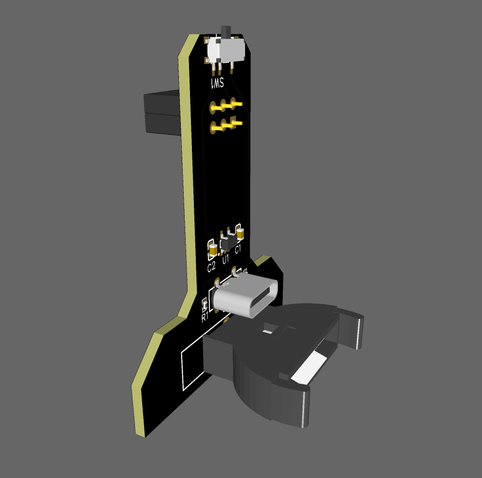 a rendering of a pcb with a sao socket, a usb socket, a coin battery holder, and a switch