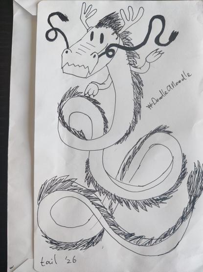 fineliner drawing on the back of an envelope of an eastern/noodle dragon. its long body has several swirls, it has a dark mane running along the entire body, it has antler-like horns with three prongs each, and whiskers that that are black and also swirly