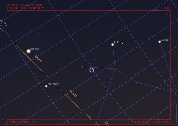 A finder chart of the image. The red wire rectangle shows the frame coverage in the sky. The yellow-orange slanted line is the ecliptic.