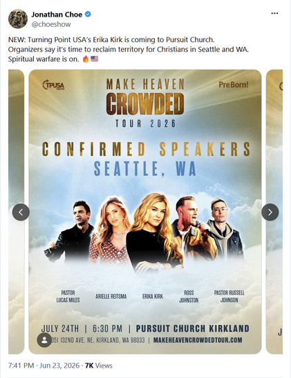 Screenshot of a X post by Jonathan "too fashy for KOMO News" Choe promoting an appearance by Erika Kirk at Pursuit Church, July 24, Kirkland, WA.