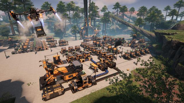 High angle shot of a Satisfactory factory, early game iron and copper production lines, the space elevator visible off in the distance.