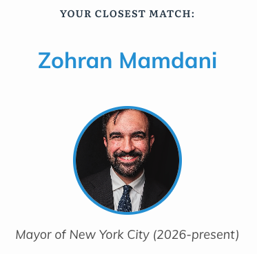 Your Closest Match: Zohran Mamdani, Mayor of New York City (2026-present)