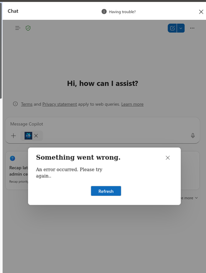 a screenshot of the office 365 admin center copilot chat showing "Something went wrong".