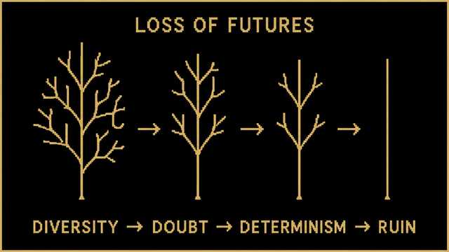 A black rectangular poster with a thin muted-gold border. At the top, centered in large blocky pixel letters, it says “LOSS OF FUTURES.”

Across the middle are four simple gold tree-like drawings, arranged from left to right. The first tree is the most complex, with many branches spreading in several directions. An arrow points to the second tree, which has fewer branches. Another arrow points to the third tree, which is even simpler, with only a few branches left. A final arrow points to the fourth image, which is just a single bare vertical trunk.

Along the bottom, in the same blocky gold lettering, it reads:

“DIVERSITY → DOUBT → DETERMINISM → RUIN”

The overall meaning is a visual metaphor: as diversity disappears, possibilities narrow, uncertainty hardens into rigid certainty, and the result is collapse or ruin.