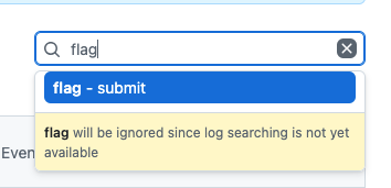 a search box from the github UI showing the word 'flag' typed in, and then a tooltip displaying '*flag* will be ignored since log searching is not yet available'