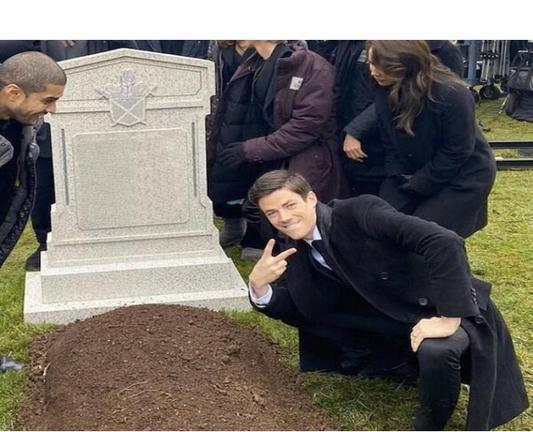 The meme image of Grant Gustin (who played The Flash on the DC TV show) showing a peace sign over somebody's grave.