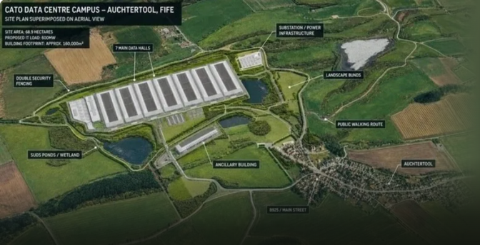 A screenshot of the data centre layout as featured on Change.org. It shows the site plan superimposed on an aerial view of the village of Auchtertool and its surroundings.