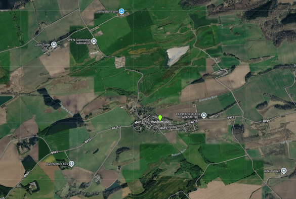 A satellite view of the area around Auchtertool without the data centre. The area is mostly fields and woodland, and the roads around the village are shown. They are mostly B roads, narrow and winding.