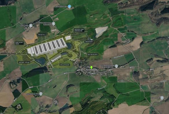The final screenshot is of the previous map of the area around Auchtertool but with the Change.org aerial map overlaid onto it. It's obvious from this that the infrastructure won't support a project of this size, so not only will this miscreation be dumped into the countryside, it'll also need extensive road-building and power supply to it.