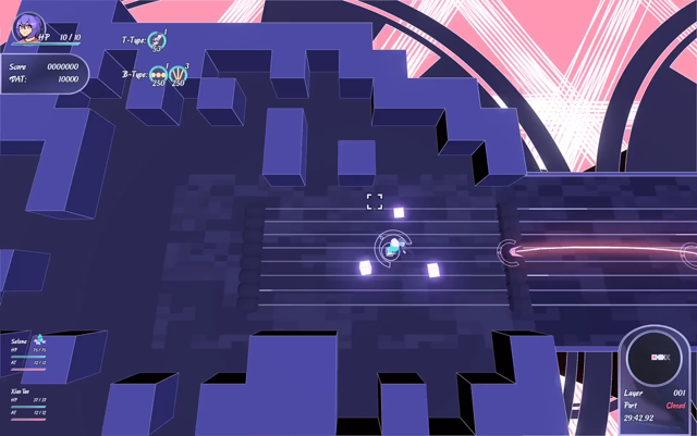 A screencast of a video game from a top-down perspective. A girl is pursued by small red creatures through an abstract space made up of cubes. She flies into a corner before turning around and spraying her pursuers with a torrent of glowing bullets