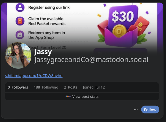 Profile promoting a scam "passive income" game.