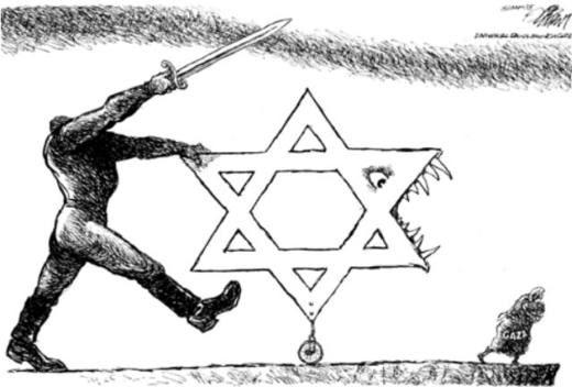 A large goose-stepping soldier carries a sword and pushes a wheeled Star of David (with a face and sharp teeth) toward a small woman and child together labeled “Gaza”

Pat Oliphant, March 25, 2009