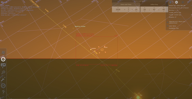 A finder chart from planetarium sky simulation software. When the first photo was taken the sun was only about five degrees below the horizon and twilight was very bright in a slightly smoky/hazy sky.
