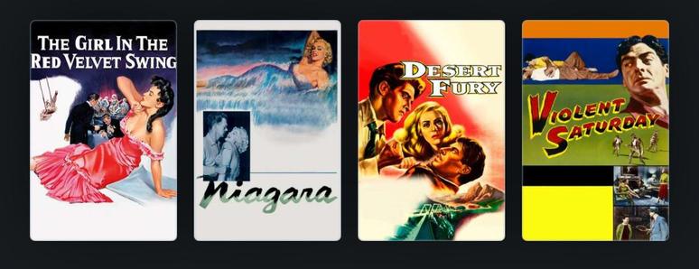 Film posters for: The Girl in the Red Velvet Swing; Niagara; Desert Fury; Violent Saturday