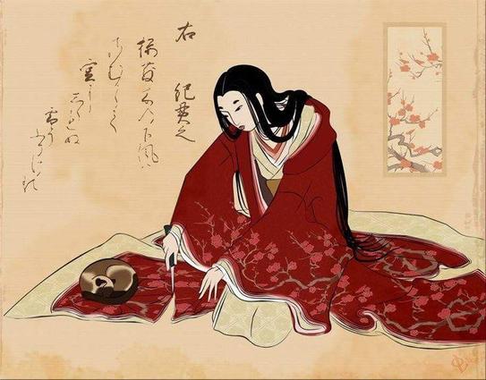 A painting of a woman cutting the hem of her kimono so as not  to disturb her sleepy kitty.