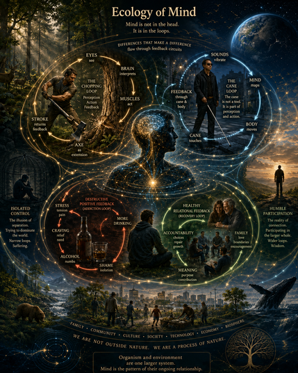A richly detailed vertical poster titled **“Ecology of Mind.”** It presents the idea that the mind is not confined to the brain but exists through relationships and feedback loops connecting people, tools, society, and nature.

At the center is a translucent human figure shown from the chest upward. The brain, chest, and body glow with golden and blue networks resembling nerves, stars, and flowing information. Hundreds of curved lines, arrows, and bright points extend outward from the figure, connecting every scene in the poster.

In the upper left, a man swings an axe into a tree in a sunlit forest. Golden arrows form a circle connecting the tree, his eyes, brain, muscles, axe, and the returning impact of each stroke. This represents perception guiding action, and the results of action guiding the next movement.

In the upper right, a blind man wearing dark glasses walks through a city street with a white cane. Blue arrows connect sound, mind, body, cane, and ground. The cane is shown not simply as an object he holds, but as part of a continuous system through which he senses the environment and moves within it.

Below the central figure are two contrasting cycles. On the left, dark red and orange arrows surround a bottle and glass of alcohol. The cycle moves through stress, craving, drinking, shame, and further stress. A lonely person sits nearby, representing isolation and destructive feedback.

On the right, soft green arrows surround a family and a seated support group. This healthier cycle includes accountability, encouragement, shared experience, belonging, meaning, and personal growth. A seated man faces the group, suggesting recovery through participation and connection.

The far left shows an isolated person inside a cage-like structure beneath the heading **“Isolated Control.”** The scene is dark and represents separation, domination, narrow thinking, and suffering.

The far right shows a person standing freely on a mountain overlooking a vast landscape beneath the heading **“Humble Participation.”** This brighter scene represents connection, wider awareness, and participation in something larger than oneself.

The background expands into an entire living world. It includes forests, deer, a bear, rivers, mountains, birds, a city, wind turbines, families, workers, children, the ocean, a breaching whale, and Earth floating in space. These elements are joined by glowing pathways, suggesting that individuals, communities, technology, society, and the biosphere belong to one interconnected system.

Near the bottom, curved text names the larger layers of connection: **family, community, culture, society, technology, economy, and biosphere.** The final statement reads: **“Organism and environment are one larger system. Mind is the pattern of their ongoing relationship.”**

Overall, the image feels philosophical, cinematic, and highly interconnected. Warm gold represents bodily action and human relationships, cool blue represents perception and information, red represents destructive cycles, and green represents recovery and healthy connection.