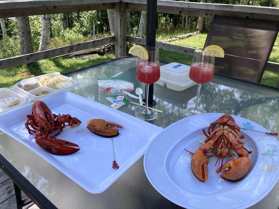 Lobster on trays with summer drinks on s wooden deck