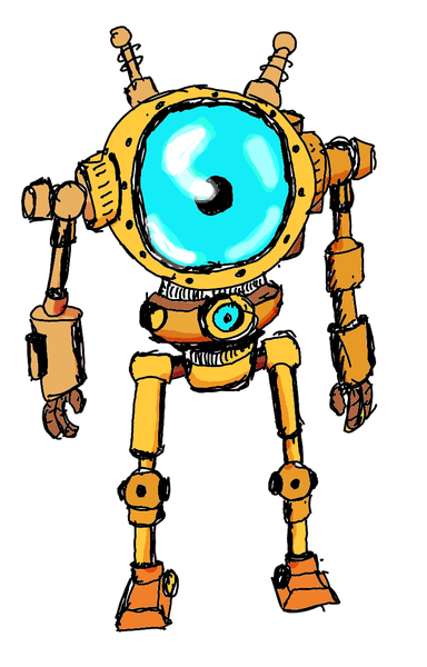 Colored sketch of a steampunk / etherpunk inspired robot with one big spherical torso. Instead of a head it has one big eye in the center of the torso.