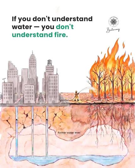 🔥 If you don't understand water, you don't understand fire. Every wildfire begins long before the first spark. We drain the Earth's groundwater, pave over the land, and send precious rain rushing to the sea instead of letting it nourish the soil. Trees slowly die from thirst until forests become fuel. Every wetland restored, every tree planted, and every drop of rain returned to the ground is a chance to save lives, wildlife, and our future. Don't wait for the next fire. 💧🌍
