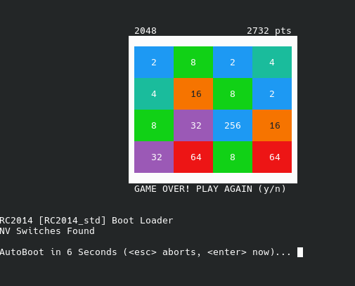 A screen shot of a serial terminal that is connected to a rc2014 home built computer. The kit comes with a 2048 style game baked into the ROM.