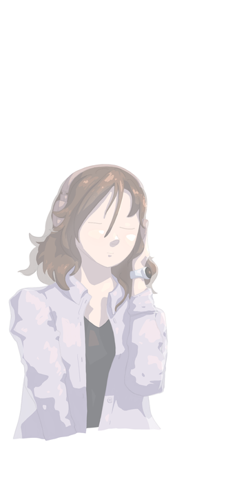 Artwork of a girl wearing rose-coloured headphones.

She has wavy brown hair and is wearing a white long-sleeved polo over a black shirt. There is a watch on her wrist. 

She is touching her headphones with her left hand and has her eyes closed.

The art uses a backlight, shadows and highlights. The shading is mostly instead of using airbrushes or blur tools.