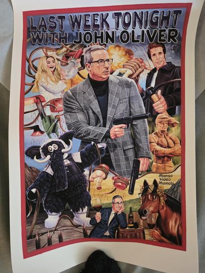 A "Last Week Tonight with John Oliver" movie poster in the style of Ghanaian bootleg movie posters with unnecessary gore elements that are not actually part of the show. John Oliver is depicted as a James Bond like figure with a silenced pistol in his hands. Its a very busy and absurd looking collage of things.