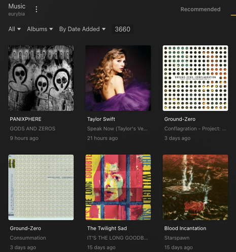 Screengrab of my music library in the Plex web interface, showing the Panixphere album, GODS AND ZEROS, as the most recently added entry.