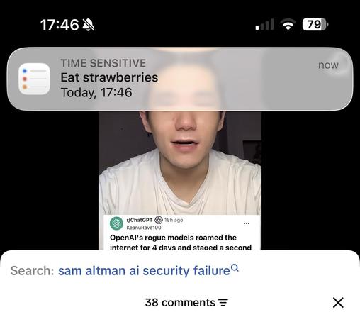 Time-sensitive reminder notification called “Eat strawberries” at 17:46, on top of a tiktok video about how obvious a PR-stunt was the OpenAI hacking of HuggingFace.