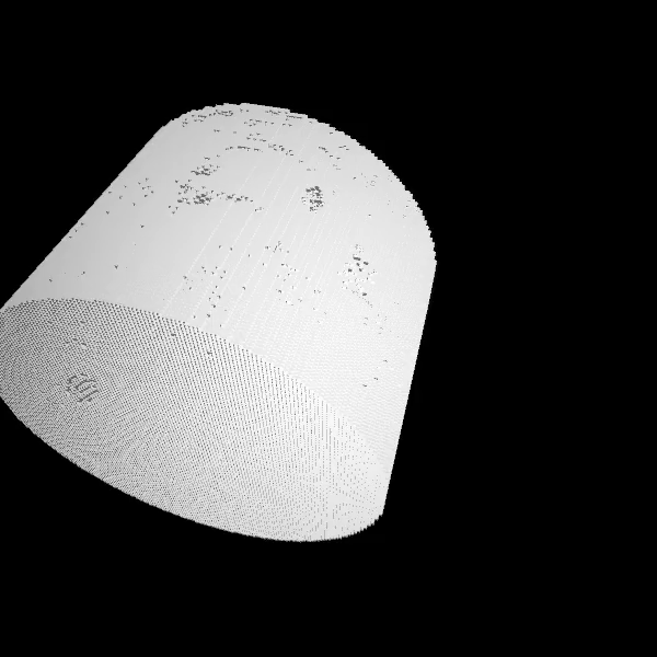 monochrome 3d voxels. a squat cylinder of voxels is eaten away to reveal the Standford Bunny within. The whole thing rotates in 3D