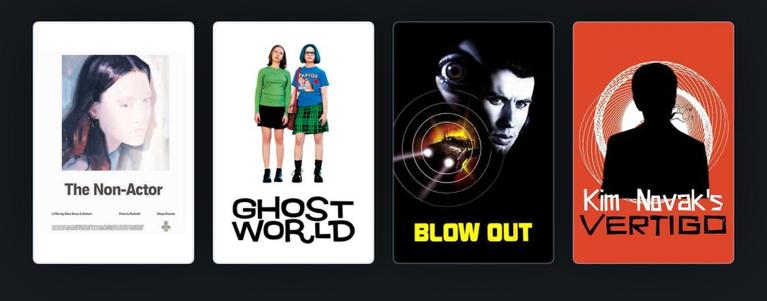 Film posters for: The Non-Actor; Ghost World; Blow Out; Kim Novak’s Vertigo