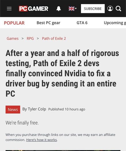 After a year and a half of rigorous testing, Path of Exile 2 devs finally convinced Nvidia to fix a driver bug by sending it an entire PC